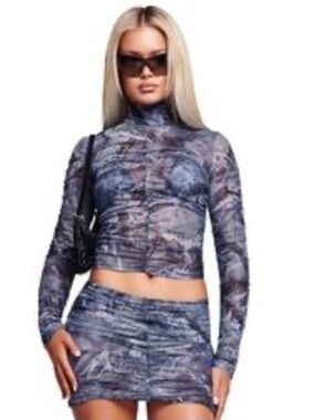 I.AM.GIA Blanche Mesh Ruched Turtleneck Top Blue Marble Print Size L